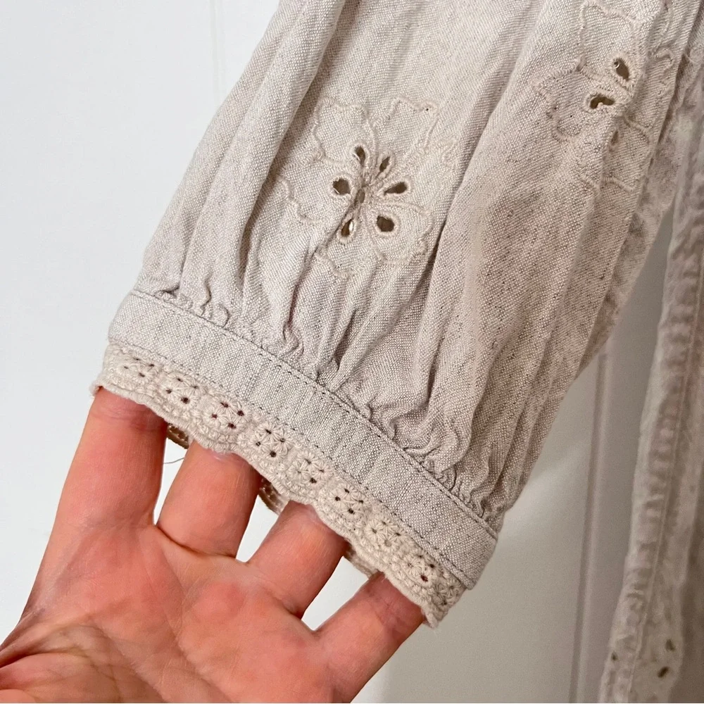 Tommy Bahama St. Lucia Linen Tan Eyelet Mini Dress Coastal Balloon Sleeve Size S - Picture 7 of 10